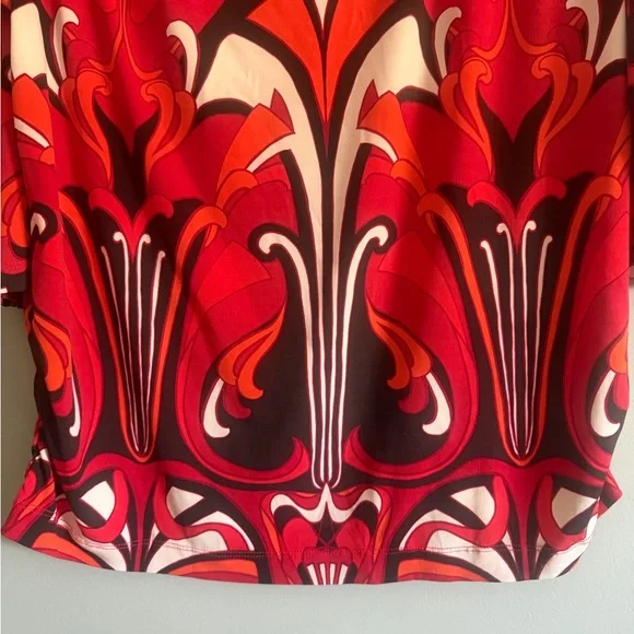 Chico's retro Red/Orange Patterned 3/4 sleeve Blouse ruched waist size 3 (XL) - Picture 3 of 8